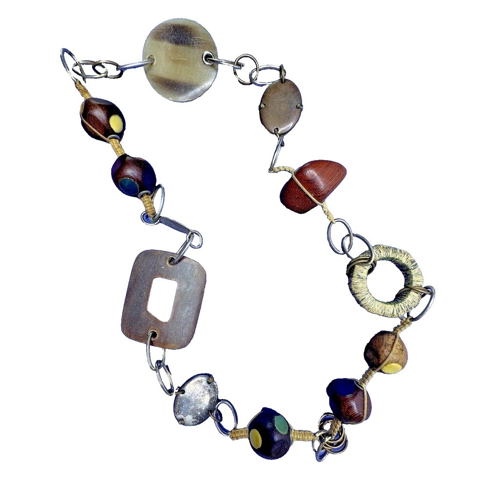 Lela Rose Necklace Chunky Wood Resin Stones Modernist ART Signed 28" MCM